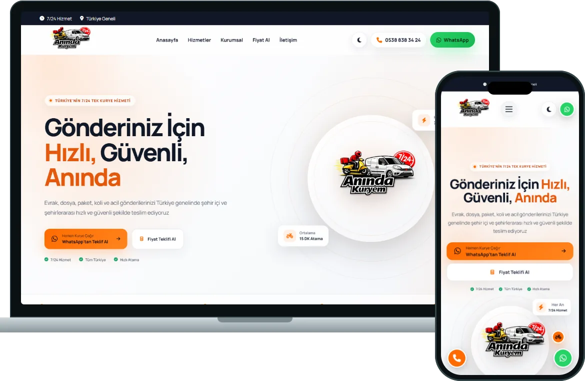 Laptopta ve telefonda aynı web sitesi; TK Tech referans işi Anında Kuryem