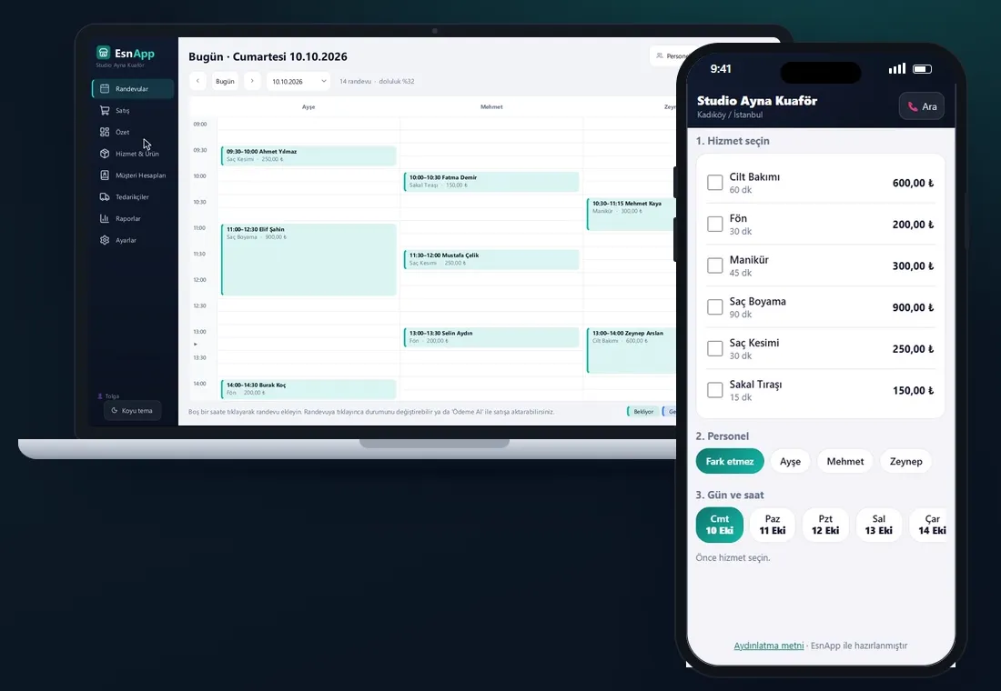 EsnApp kuaför ekranı: randevu ajandası ve online randevu