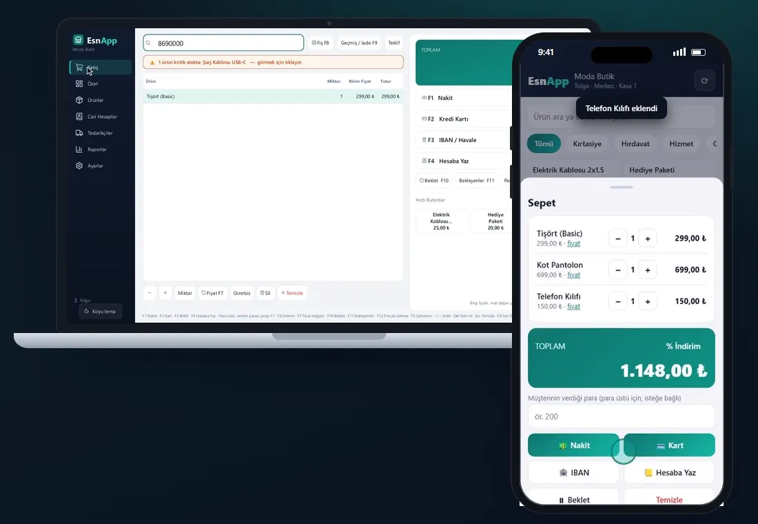 EsnApp mağaza ekranı: stok bilgisayarda ve telefonda aynı