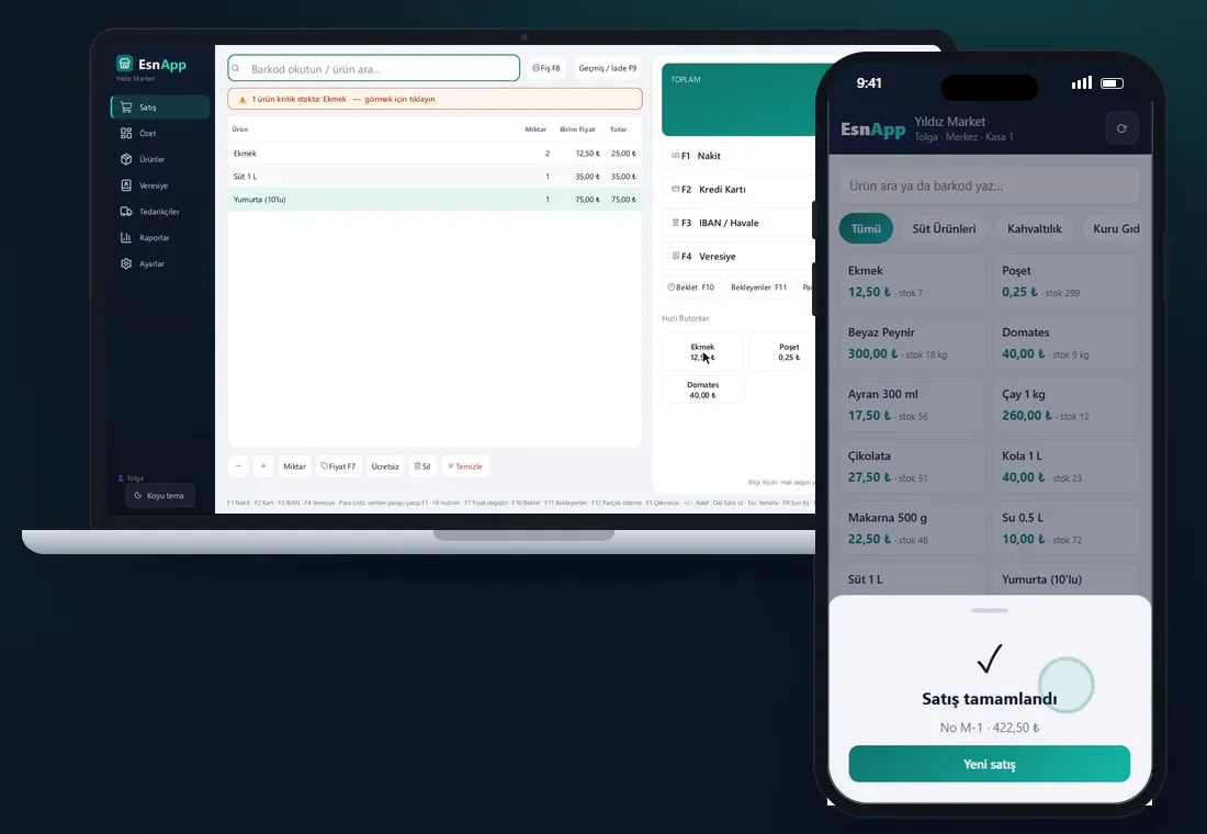 EsnApp market ekranı: bilgisayarda barkodla satış, telefonda satış tamamlandı