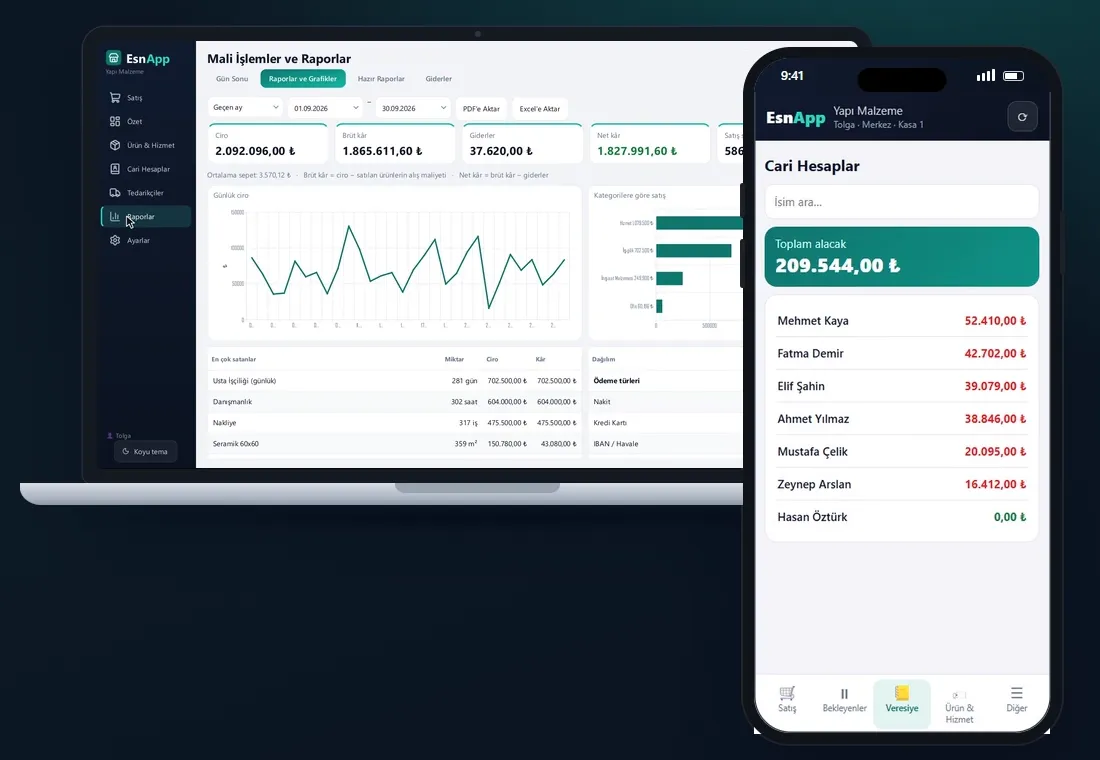 EsnApp ofis ekranı: raporlar ve cari hesaplar