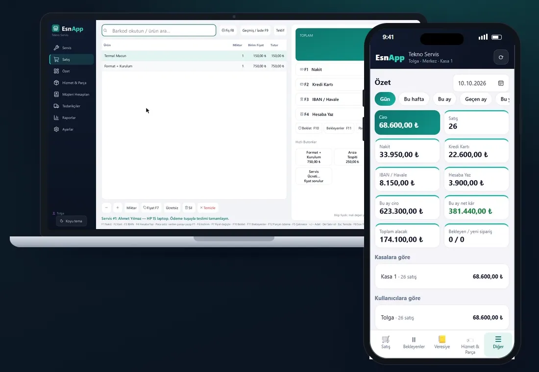EsnApp teknik servis ekranı: servis kaydı ve ödeme