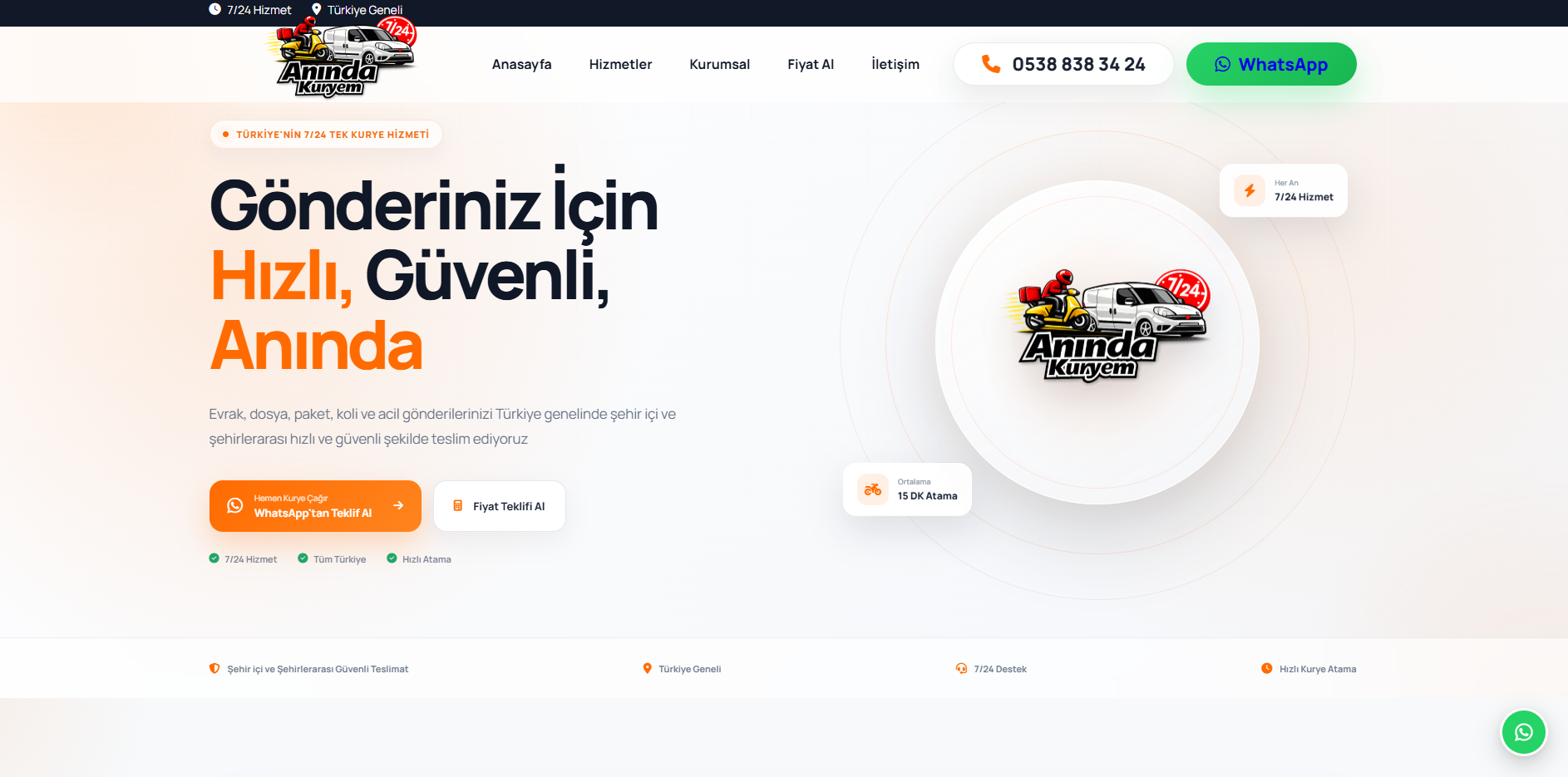Anında Kuryem web sitesi ana sayfa tasarımı