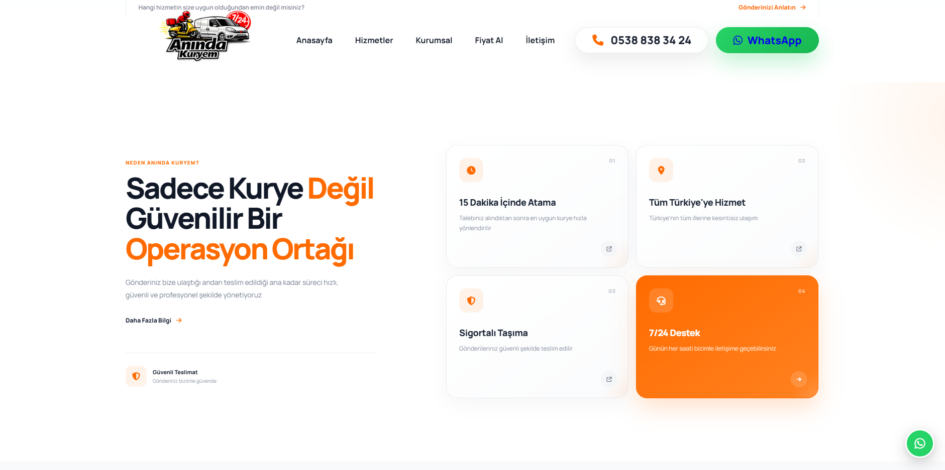 Anında Kuryem güven ve avantajlar bölümü