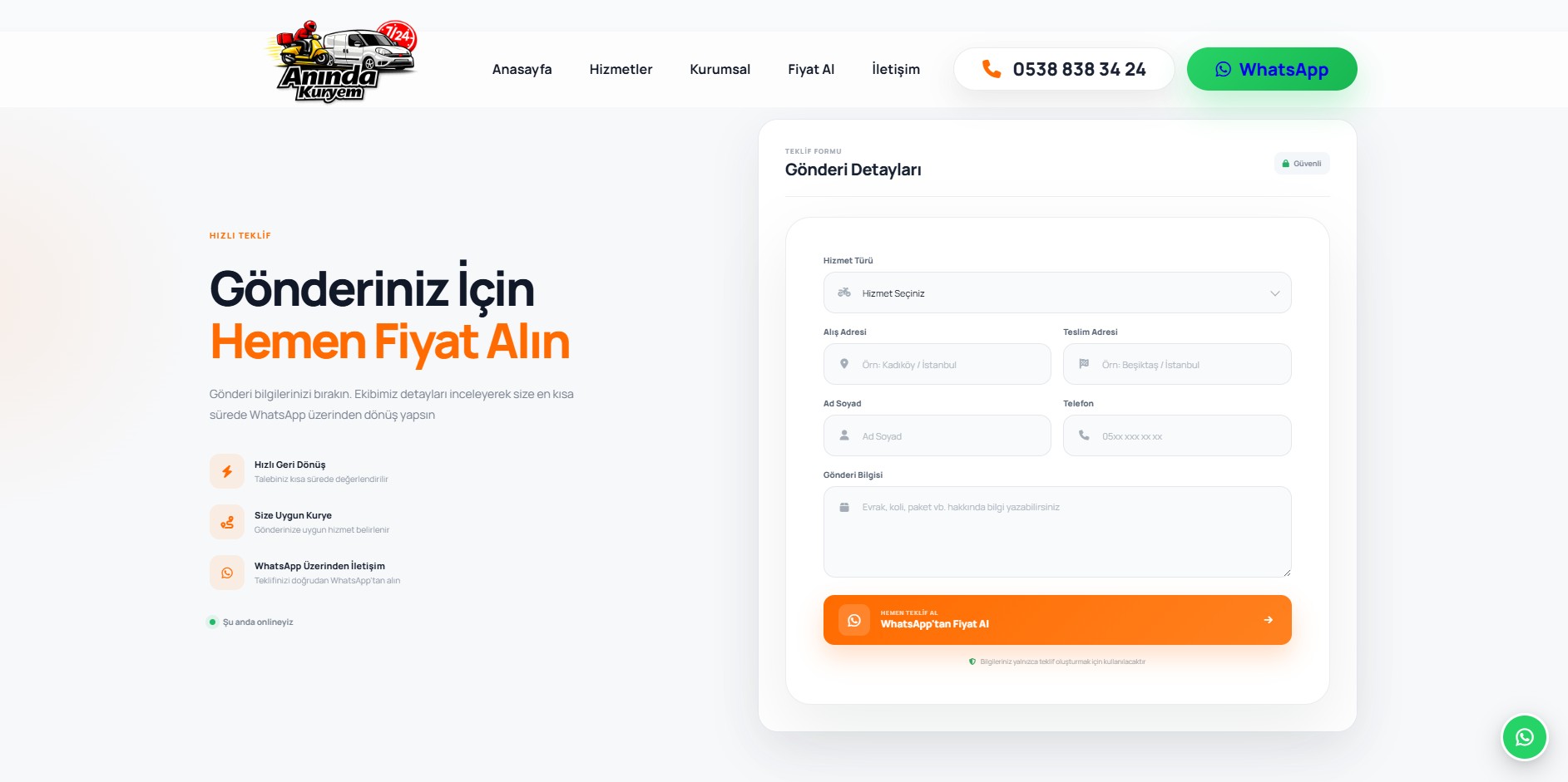Anında Kuryem hızlı fiyat teklif formu