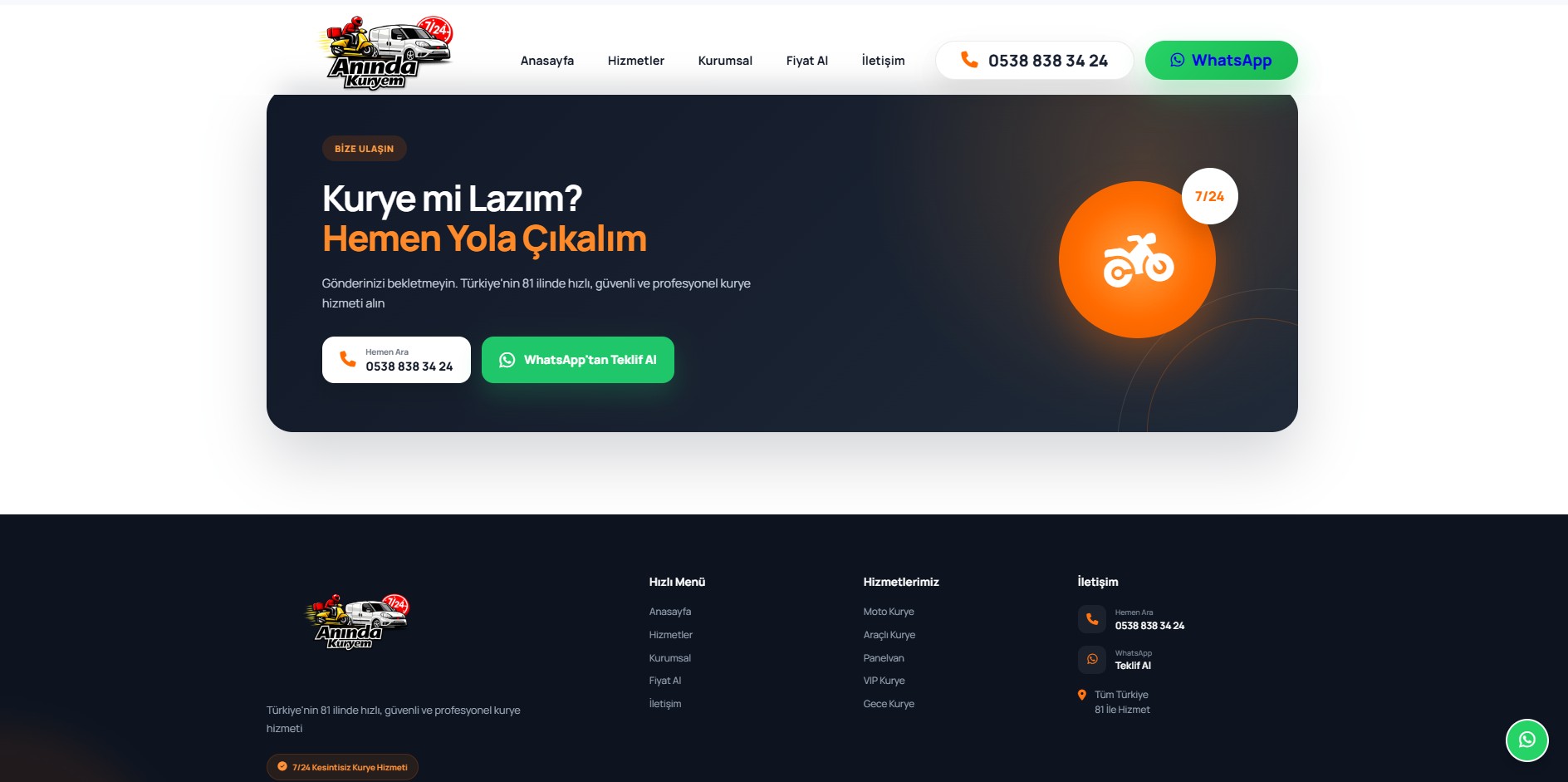 Anında Kuryem web sitesi proje görünümü