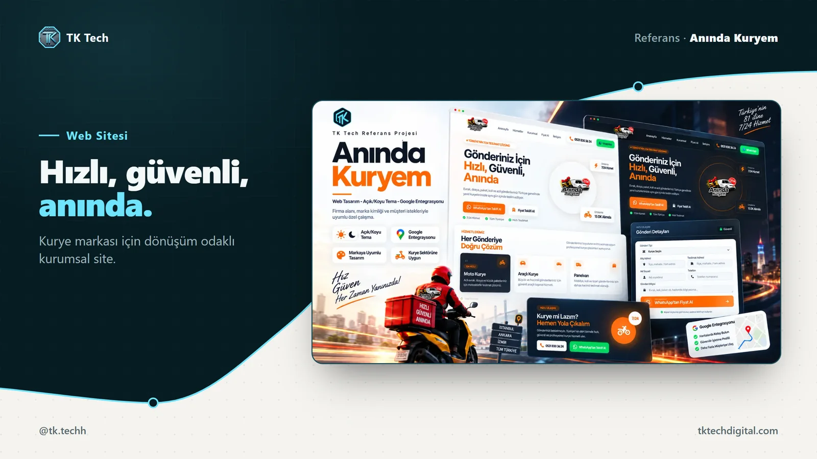 Anında Kuryem: Hızlı, güvenli, anında. Kurye markası için dönüşüm odaklı kurumsal site.