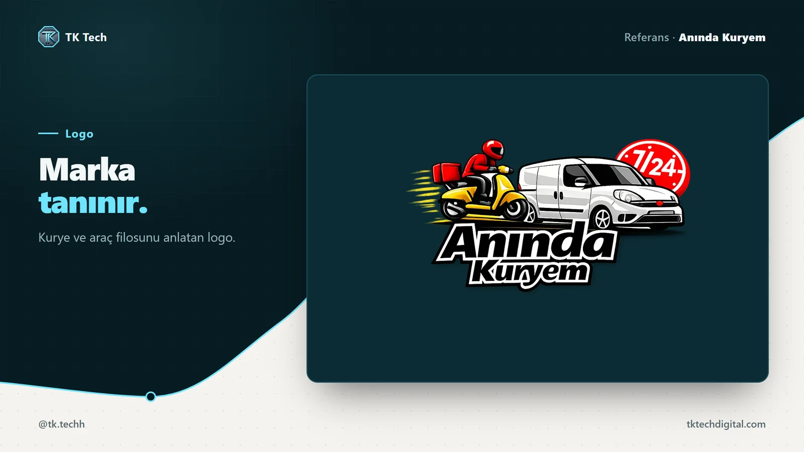 Anında Kuryem: Marka tanınır. Kurye ve araç filosunu anlatan logo.