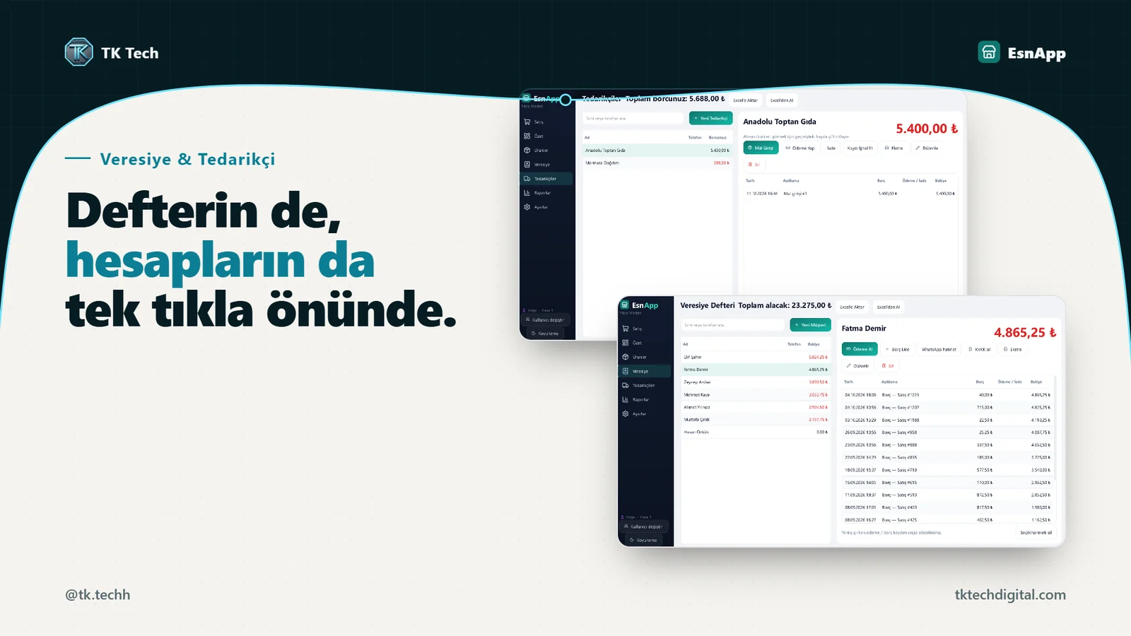 EsnApp veresiye defteri ve tedarikçi hesapları