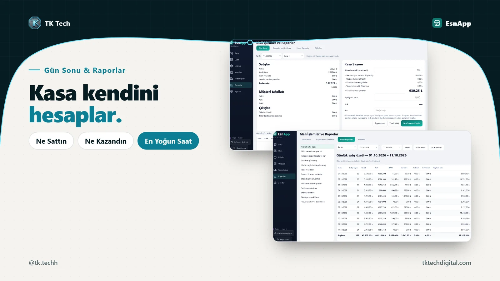 EsnApp gün sonu kasa hesabı ve hazır raporlar