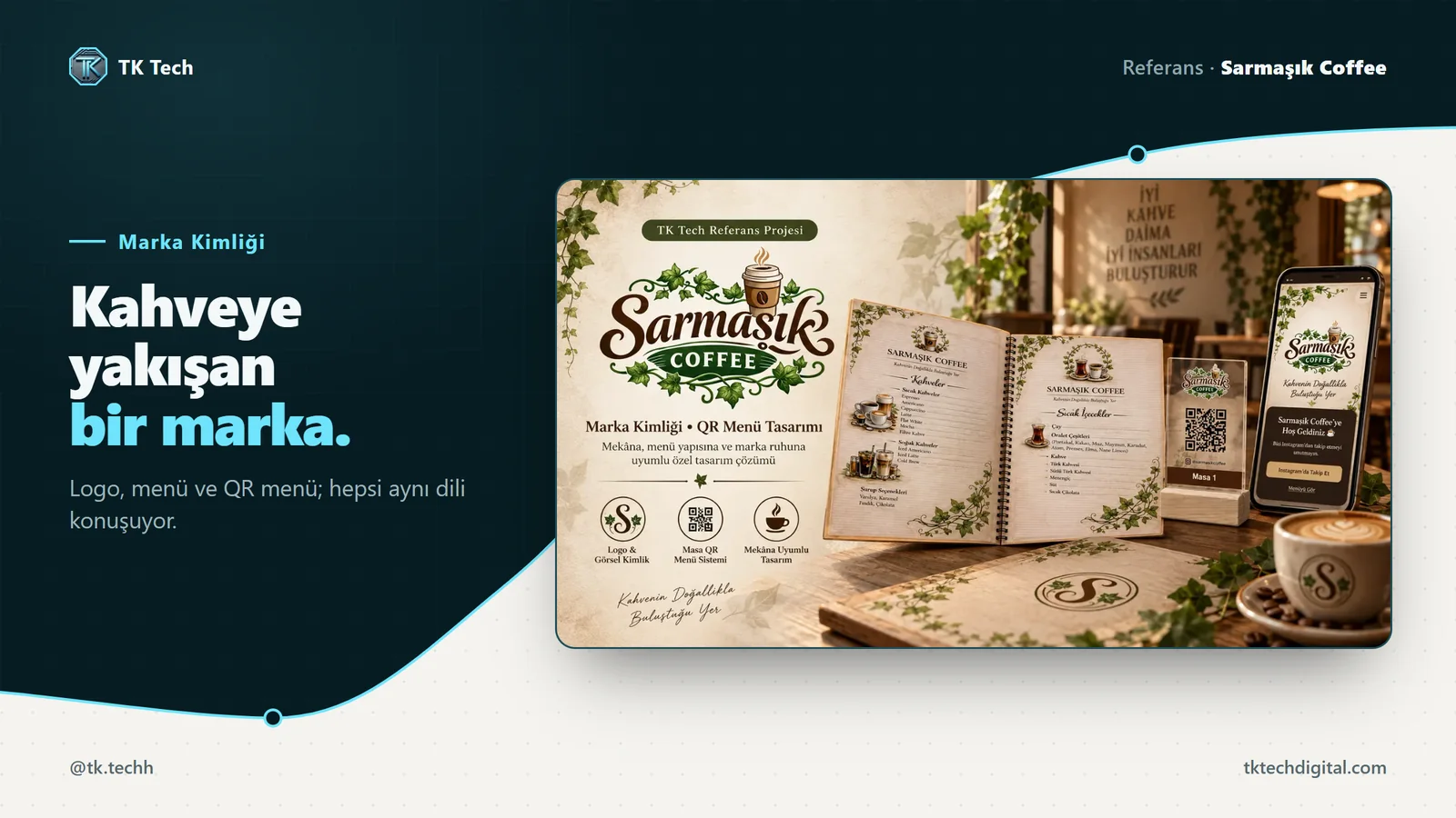 Sarmaşık Coffee: Kahveye yakışan bir marka. Logo, menü ve QR menü; hepsi aynı dili konuşuyor.