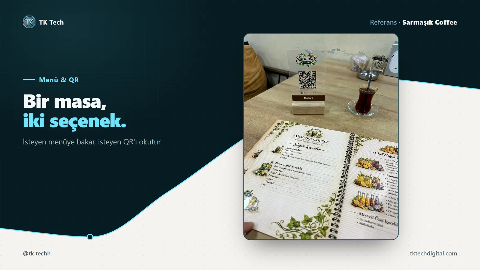 Sarmaşık Coffee: Bir masa, iki seçenek. İsteyen menüye bakar, isteyen QR'ı okutur.