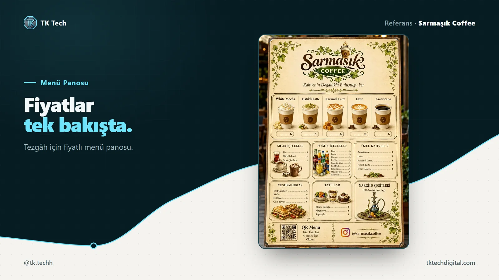 Sarmaşık Coffee: Fiyatlar tek bakışta. Tezgâh için fiyatlı menü panosu.