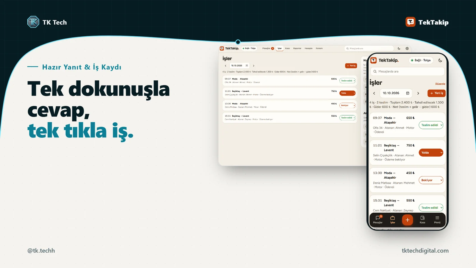 TekTakip: hazır yanıt ve tek tıkla iş kaydı